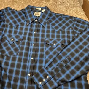 ELY CATTLEMAN Mens XXL Tall Blue Black Plaid Western Snap Long Sleeve Shirt